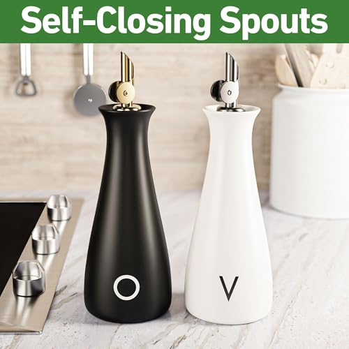 Ceramic Oil and Vinegar Dispenser Set of 2 with Self (Black & White - Oil & Vinegar)