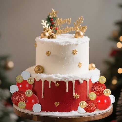 40 pcs Foam Ball Shaped Cake Toppers with Sticks Perfect for Birthday Party Baby Shower Christmas Party Decor Wedding Anniversary Chinese New Year (40-red Gold White)