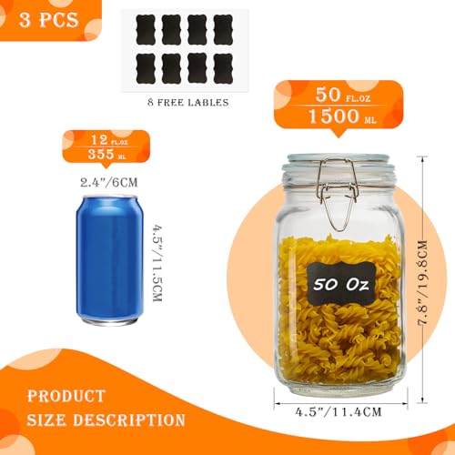 50oz Square Glass Food Storage Jars with Airtight Clamp Lids 3 Pack (Clear 50oz Square - 3 sets)
