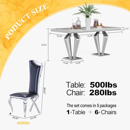 7 Piece Luxury Dining Room Set (Silver White + Black / Dining Table + 6 High Back Chairs)