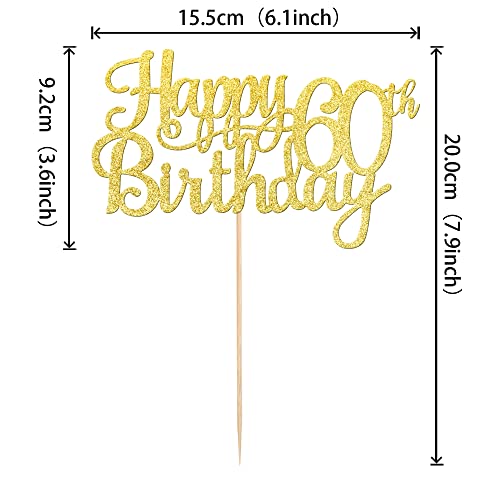 1 PCS Happy 60th Birthday Cake Topper Gold Glitter Cheers to 60 Years Birthday Cake Pick 60 Fabulous Cake Decoration for Happy 60th Birthday Anniversary Party Decorations Supplies (Gold / 60th)