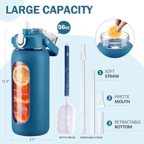 56oz Glass Water Bottles with Straw (Iron Blue / 56 Ounces)