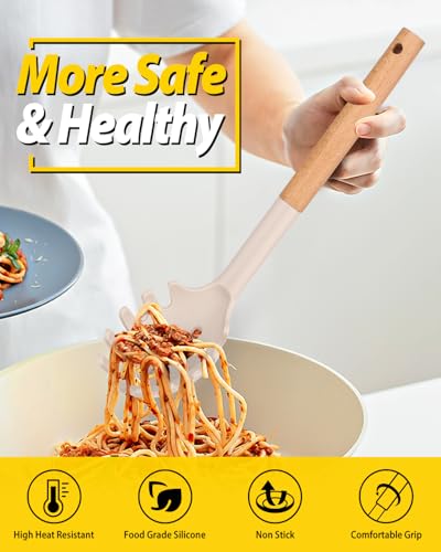 Silicone Soup Ladle and Pasta Spoon Set with Wooden Handle (2 Count)