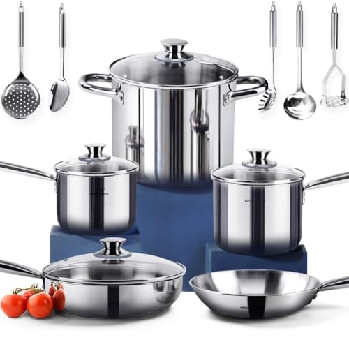 14 Piece Nickel Free Stainless Steel Cookware Set (Shiny SILVER - Mirror Polished - 6 Years Warrantv / 14 PCS - 4MM Thick 3-PLY Base)