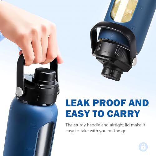 24 oz Glass Water Bottle with Straw and 2 Lids (Navy Blue / 24 Ounces)