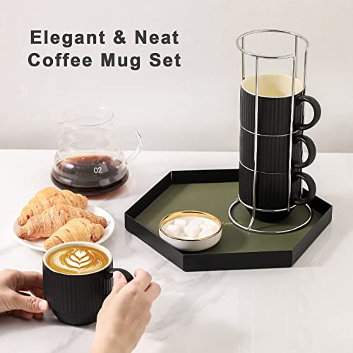 Black Coffee Mug Porcelain Set of 4 with Rack (Matte Black / 12 Ounces)