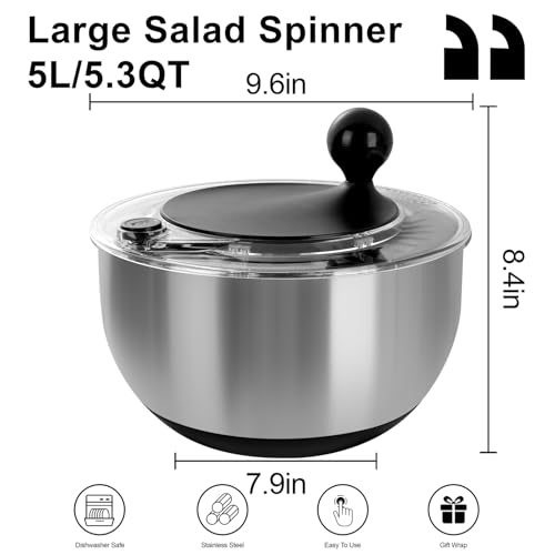 5.3Qt Stainless Steel Salad Spinner with Instant Stop Button (Vibrant Black)