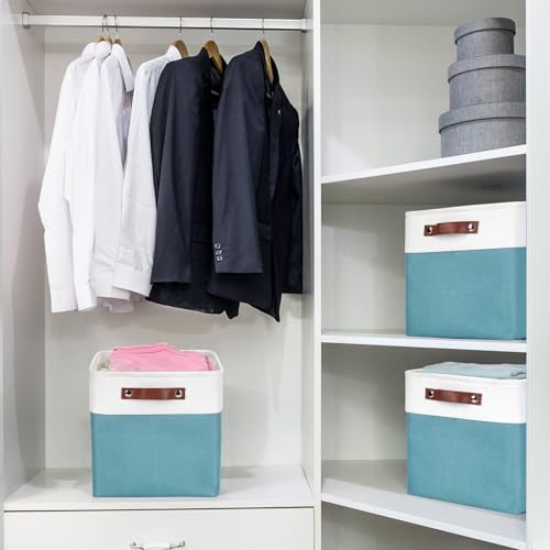 Collapsible Fabric Storage Cubes 11x11 Cube Storage Bins (Teal / Off-White / Cube - 11"x11"x11")