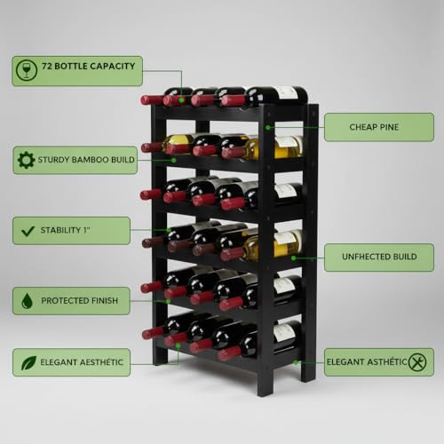 72 Bottle Wine Rack Stackable Bamboo Freestanding (72 Bottle - Black)
