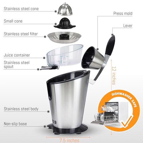 Stainless Steel Electric Orange Juicer 200W I Incl. Stainless Steel Cone & BPA