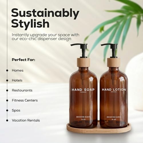 Amber Glass Soap and Lotion Dispenser Set with Tray by Brighter Barns (Amber Sl)