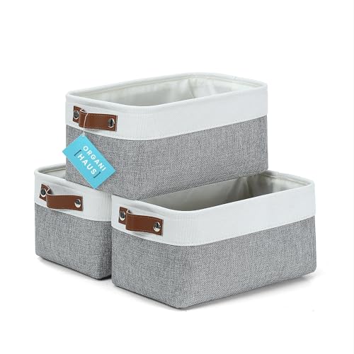 12x8in Canvas Storage Baskets (Gray / Off-White / Small - 3pc)