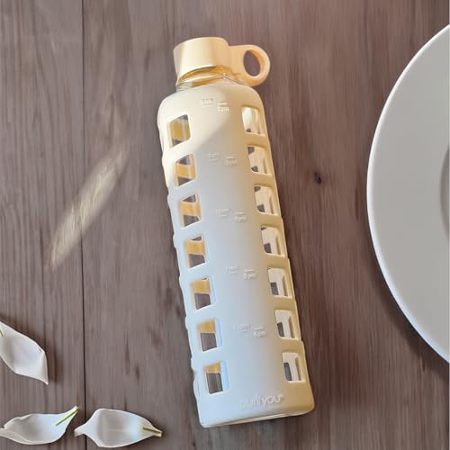 40oz / 32oz / 22oz / 12oz Borosilicate Glass Water Bottle with Time & Volume Markers, Silicone Sleeve, Stainless Steel Lid | Reusable Glass Bottle for Water & Juice (32oz Pearled Ivory) (Pearled Ivory (1 Count) / 32 Ounces)
