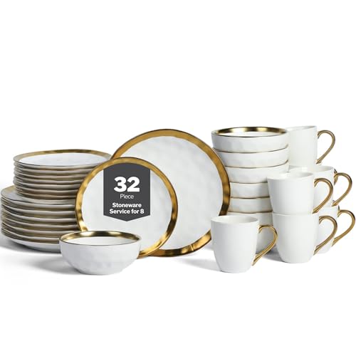 Florian Modern Porcelain Dish Set (32-Pieces Service for 8 / White with Gold Rim)