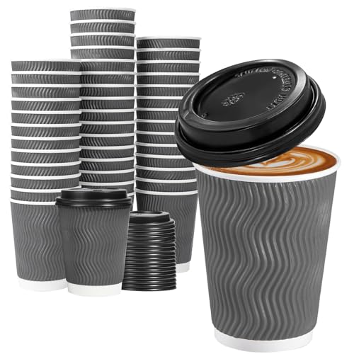 50 Pack 12 oz Insulated Disposable Coffee Cups With Lids (Gray / 12OZ-50Pack)