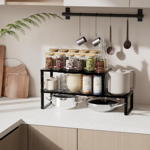 Expandable Spice Rack & Kitchen Cabinet Organizer (3 Packs/Black / Medium:7.8"D x 16.5"W x 6.2"H)