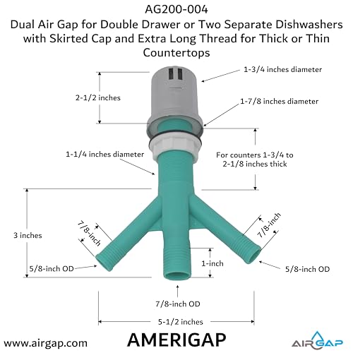 Dual Air Gap for Double Drawer or Two Separate Dishwashers with Skirted Cap and Extra Long Thread for Thick or Thin Countertops (AG200-004)