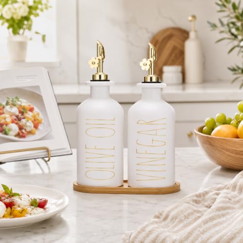 Premium Olive Oil Dispenser for Kitchen (White&Gold+Tray / 11.8 fl oz)