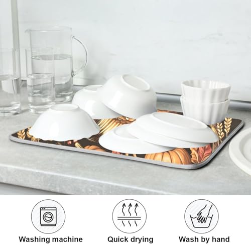 Thanksgiving Turkey Pumpkin Dish Drying Mat for Kitchen Counter Absorbent Microfiber Drying Pad (16" x 18")
