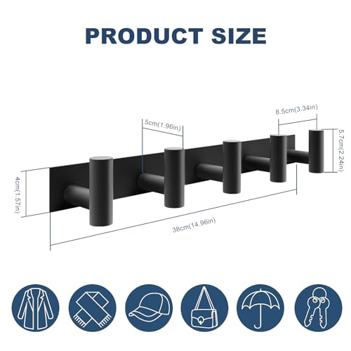 Wall Mounted Coat Rack (Black / 5 "T" Hooks, 2PACK)