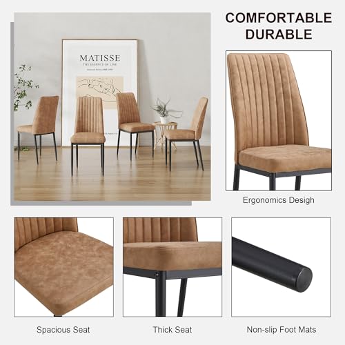 Modern Dining Chairs Set of 6 Kitchen Chairs Set Leathaire Fabric Chair with Metal Leg High Back Upholstered Chair for Dinner Room (B- Brown)