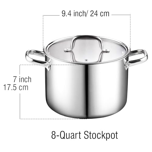 8 Quart Tri Ply Clad Stainless Steel Stockpot with Lid (8 Quarts / Silver)