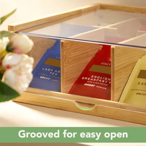 Bamboo Tea Bag Organizer Storage Box with 6 Compartments (Compact-Bamboo)