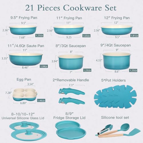 Pots and Pans Set Non Stick (Light Blue Gradient / 21PCS-Big Size)