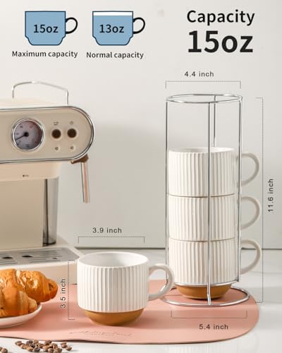 15 oz Ribbed Stackable Ceramic Coffee Mug Set of 4 (White & Light Brown / 15 Ounces)