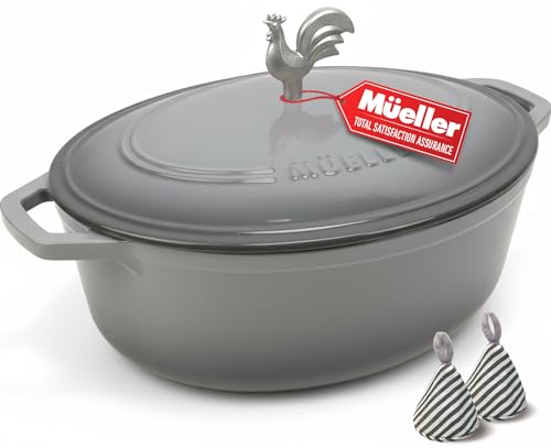 MUELLER HOME 5.5 Quart Enameled Cast Iron Oval Dutch Oven with Rooster Knob & Cotton Potholders (5.5 Quart -Oval / Gray)