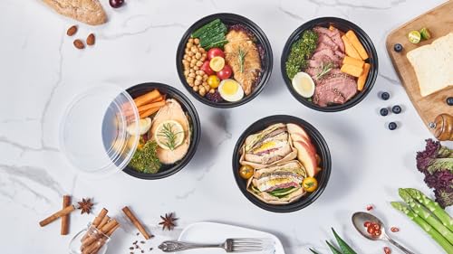 32 oz 150 ct Round Meal Prep Containers with Lids Plastic Food Storage Lunch Plan To Go Box Disposable Take Out Bowls Black BPA Free Reusable Durable Stackable Microwave Freezer Dishwasher Safe (32R-150)