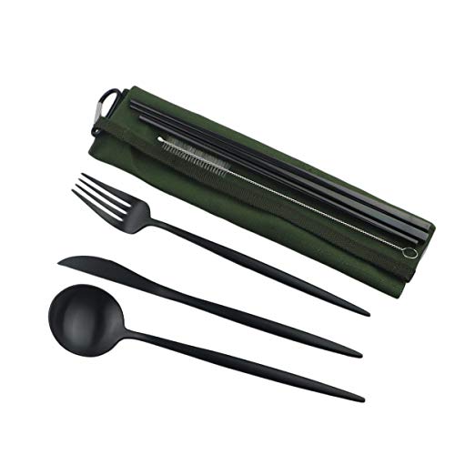 Reusable Travel Utensils (Green Pouch / Black)