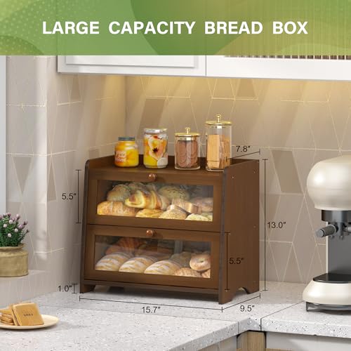 Double Layer Bread Box Container for Kitchen Countertop Homemade Bread (Brown / 2 Tier-Medim)