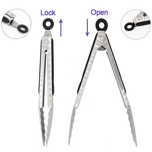 304 Stainless Steel Kitchen Cooking Tongs (12" & 14" / Black)