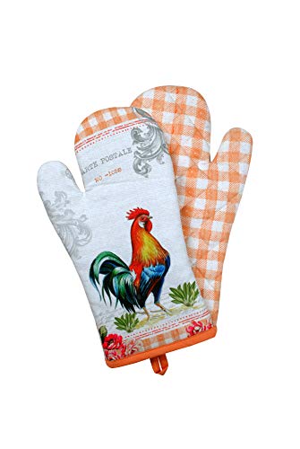 Oven Mitts Set of 1 Quilted Liner with Hanging Loop Non Slip (7x13 inches / Farm Rooster)