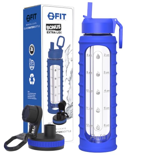 32 oz Glass Water Bottle with Time Marker (Ribbed Royal Blue Sleeve)