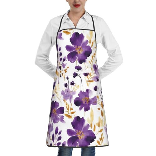 Purple and Gold Watercolor Floral Apron