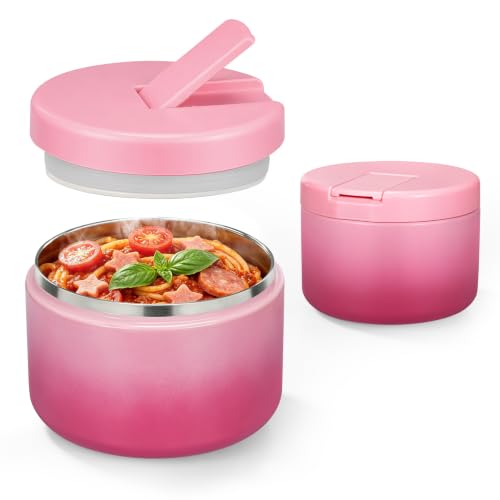 12oz Insulated Vacuum Food Jar with Buckle Lid Wide Mouth Soup Thermo for Hot Food Kids Leakproof Stainless Steel Lunch Container (Gradient Pink / 12OZ)