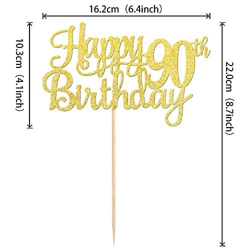 1 PCS Happy 90th Birthday Cake Topper Gold Glitter Cheers to 90 Years Birthday Cake Pick 90 Fabulous Cake Decoration for Happy 90th Birthday Theme Party Decorations Supplies (Gold / 90th)