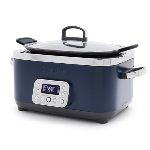 Elite 14-in-1 Nonstick 6QT Electric Slow Cooker, PFAS-Free Ceramic Multi-Cooker, In-Pot Browning, Dishwasher Safe Lid & Removable Crock, Stainless Steel Steamer, Silicone Handles, Oxford Blue (6 Quarts / Oxford Blue)