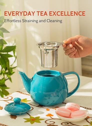 Teapot Porcelain Tea Pot with Stainless Steel Infuser (Steel blue / 27oz (with infuser))