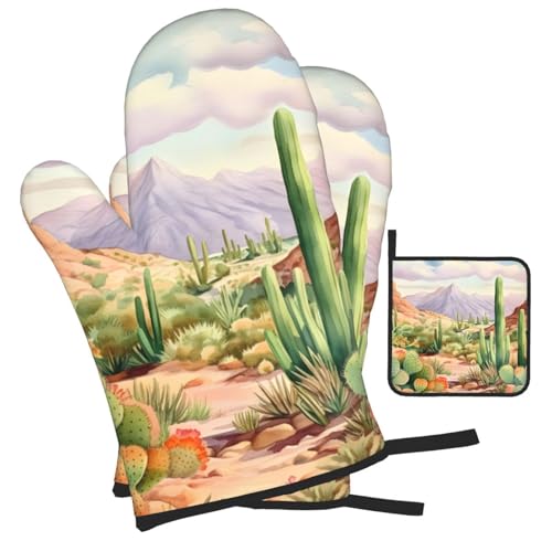 Desert Cactus Oven Mitts and Pot Holders Sets of 3 Heat Resistant Oven Gloves Hot Pads Non (Desert Cactus)
