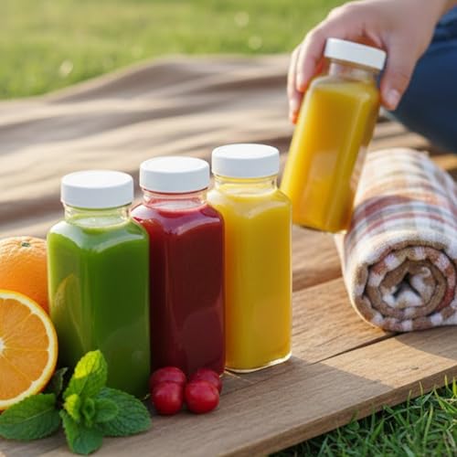 8oz Square Glass Juice Shot Bottle with Lid (8oz / 4 Pack)