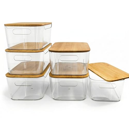 6 Pack Clear Stackable Storage Bins with Bamboo Lids (6 Pack Storage Bins with Lids)