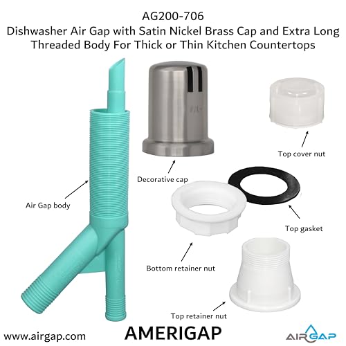 Dishwasher Air Gap with Skirted Satin Nickel Brass Cap and Extra Long Threaded Body for Thick or Thin Kitchen Countertops (AG200-706)