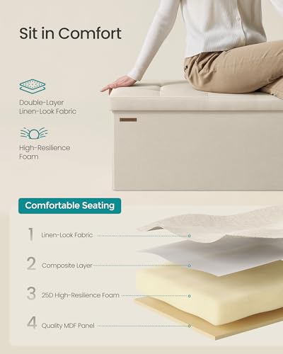 30 Inches Folding Storage Ottoman Bench (Cream White / 15"D x 30"W x 15"H (without Flipping Lid))