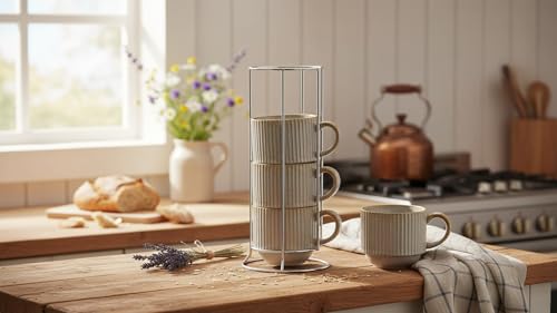 Coffee Mug Ceramic Set of 4 with Stand (Lavender Gray / 15 Ounces)