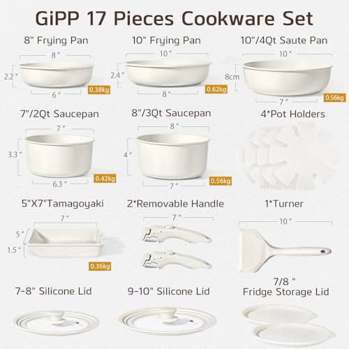 Pots and Pans Set Non Stick (Cream White / 17PCS-Standard)