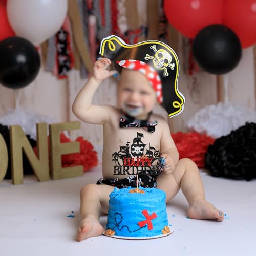 1Pcs Pirates Happy Birthday Cake Topper Pirate Ship Nautical Cake Pick for Pirates Theme Baby Shower Birthday Party Cake Decorations Supplies Red (Red 5)