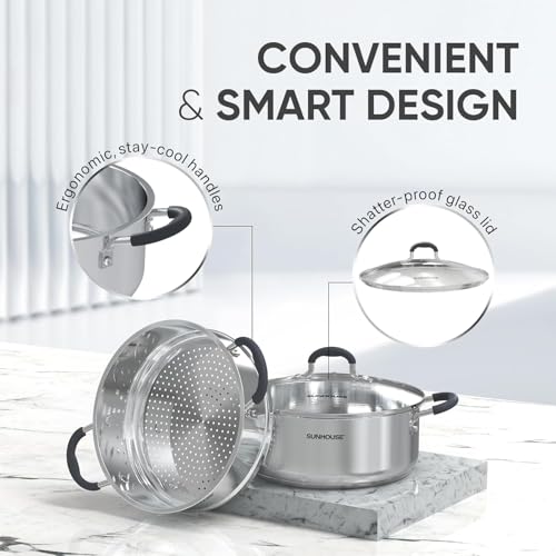 4.6 QT Stainless Steel Steamer Pot for Cooking with Glass Lid